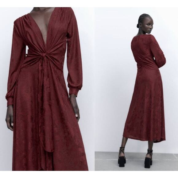 ZARA‎ WOMAN LONG FLORAL JACQUARD WRAP DRESS BURDUNDY size Large - Picture 1 of 9
